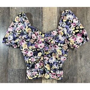 I.N. San Fransicsco Floral Ruched Crop Top Puffy Sleeves Medium 80s inspired